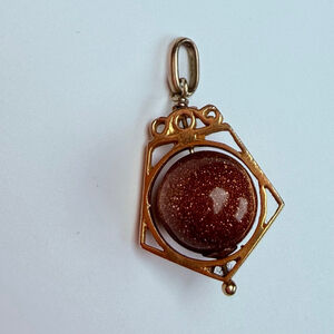 18K Solid Yellow Gold Spinner 10mm Aventurine Goldstone Vintage Pendant Enhancer